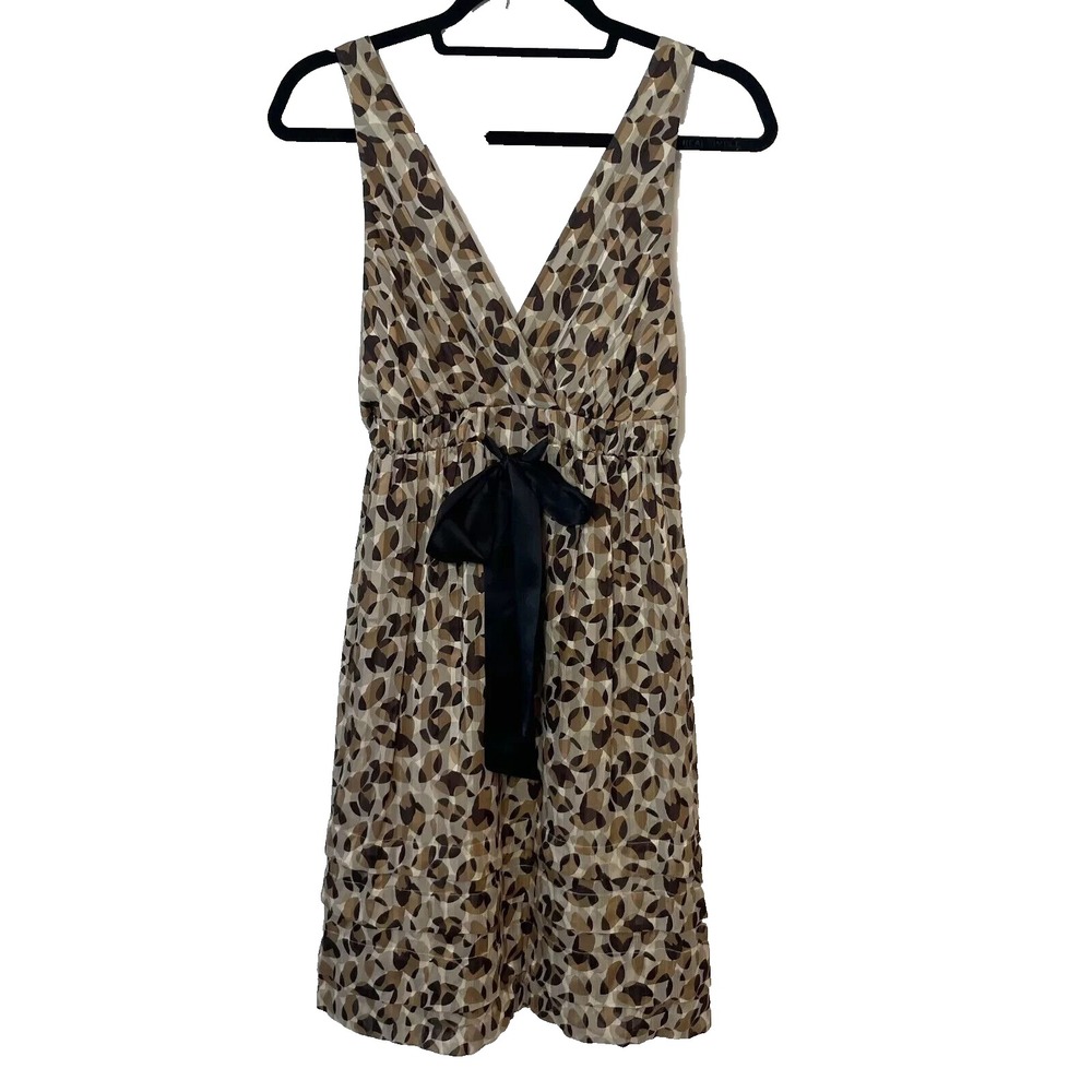 Vintage BCBGMAXAZRIA Leopard V-Neck Fit & Flare Dress Brown Size 2 Bow Y2K 90s‎